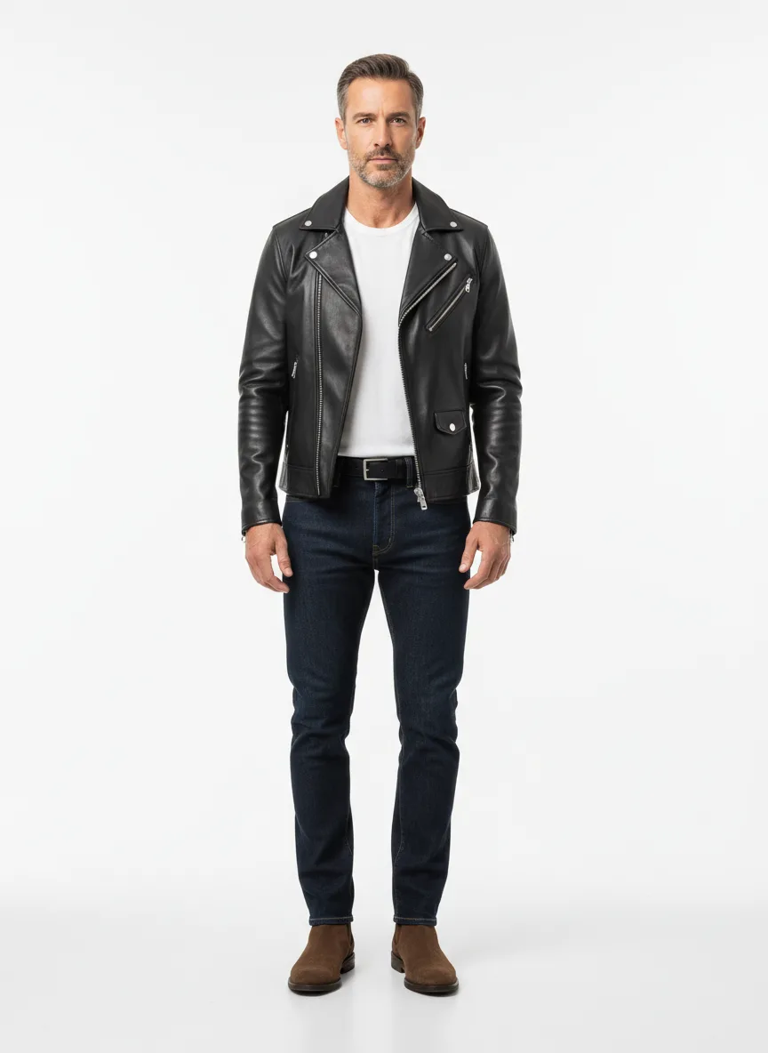Nightclub Outfit Idea: Man's black slim-fit leather biker jacket