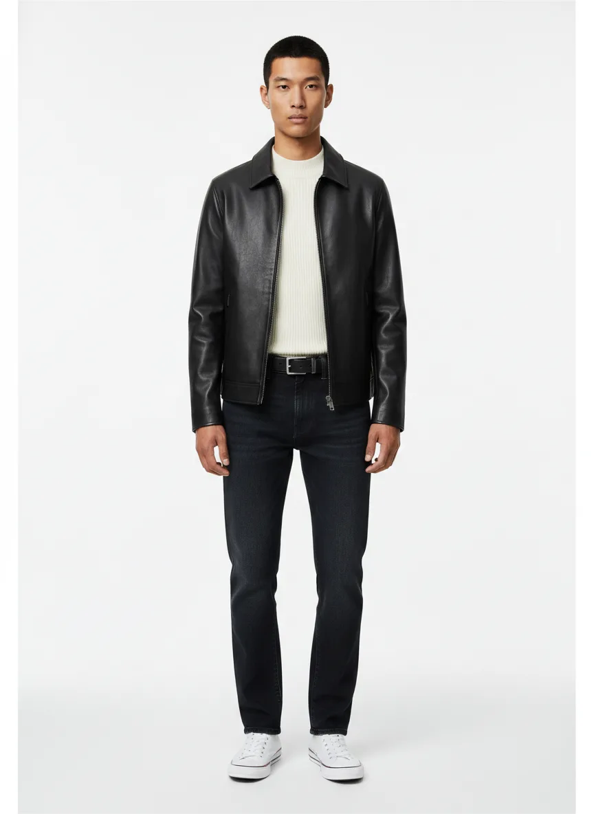 Nightclub Outfit Idea: Mans black slim-fit faux leather jacket