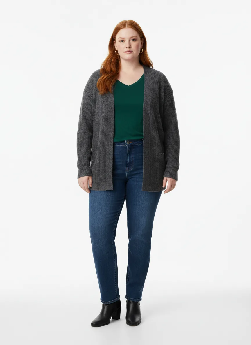Casual Outfit Idea: Woman charcoal cardigan (complements fair skin and red hair)