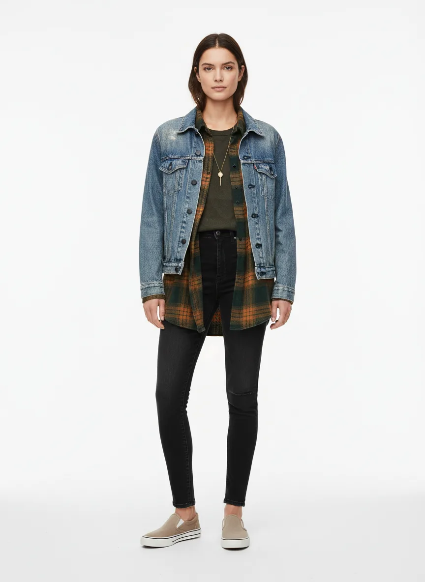 Casual Outfit Idea: Woman thrifted faded denim jacket