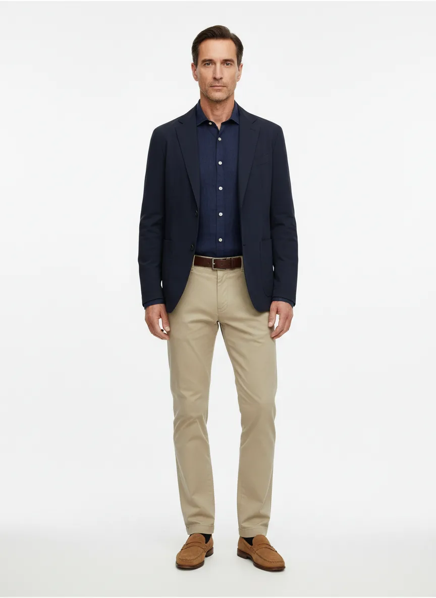 Vacation Outfit Idea: Man's navy blue linen shirt