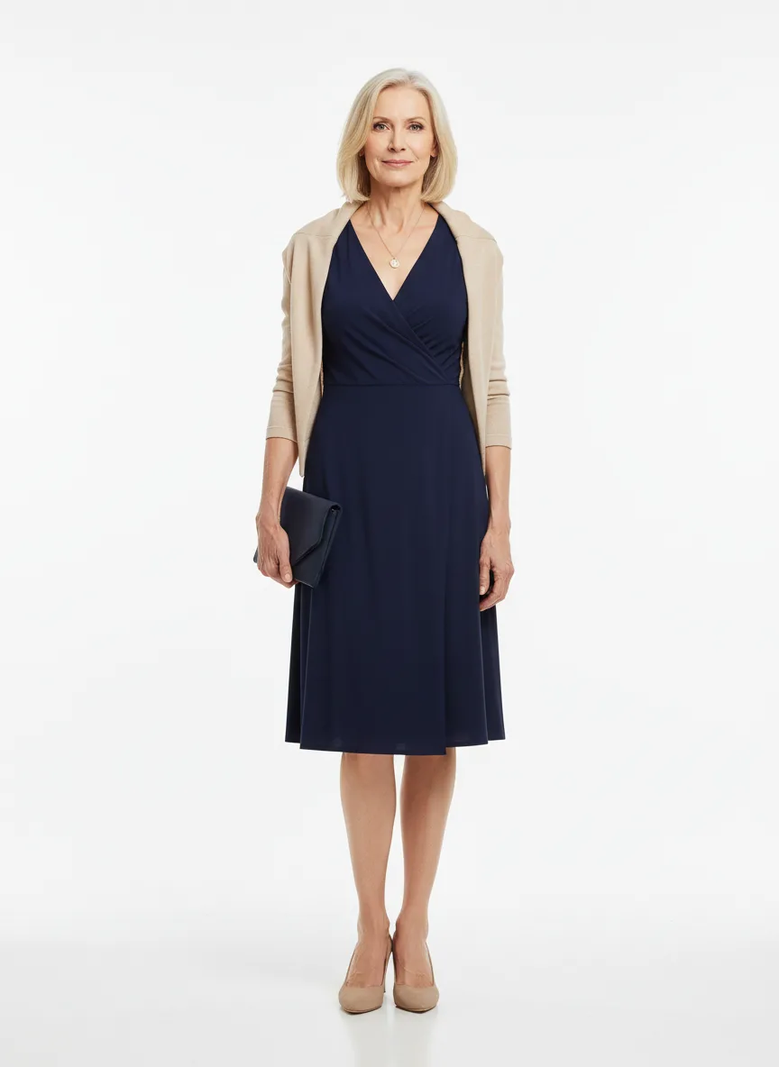 Birthday-party Outfit Idea: Woman navy blue wrap dress (compliments light skin & blonde hair)