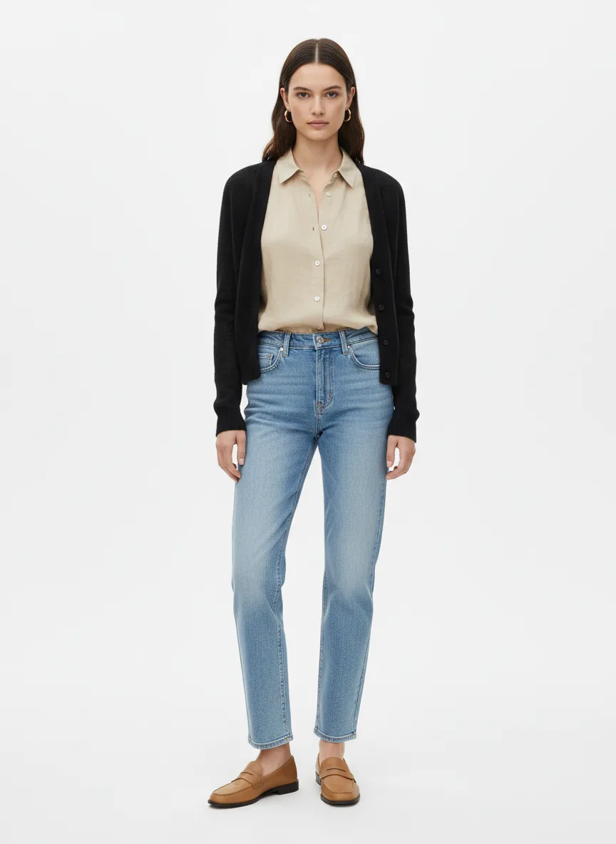 Casual Outfit Idea: Girl tall-fit beige linen shirt