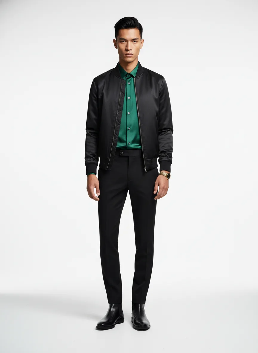Date-night Outfit Idea: Man's black slim-fit bomber jacket
