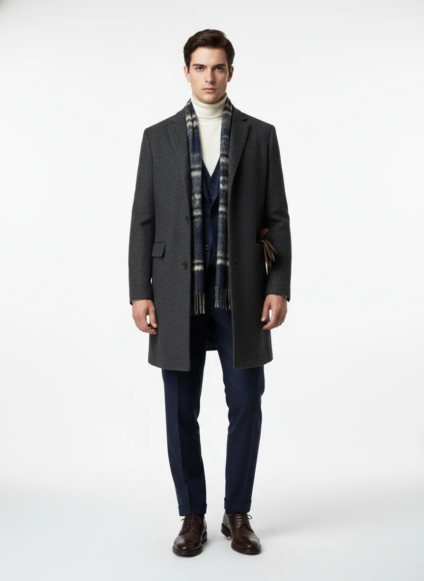 Wedding Outfit Idea: Mans charcoal wool overcoat (compliments brunette hair)