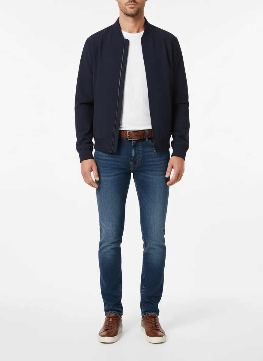 Casual Outfit Idea: Man navy blue bomber jacket