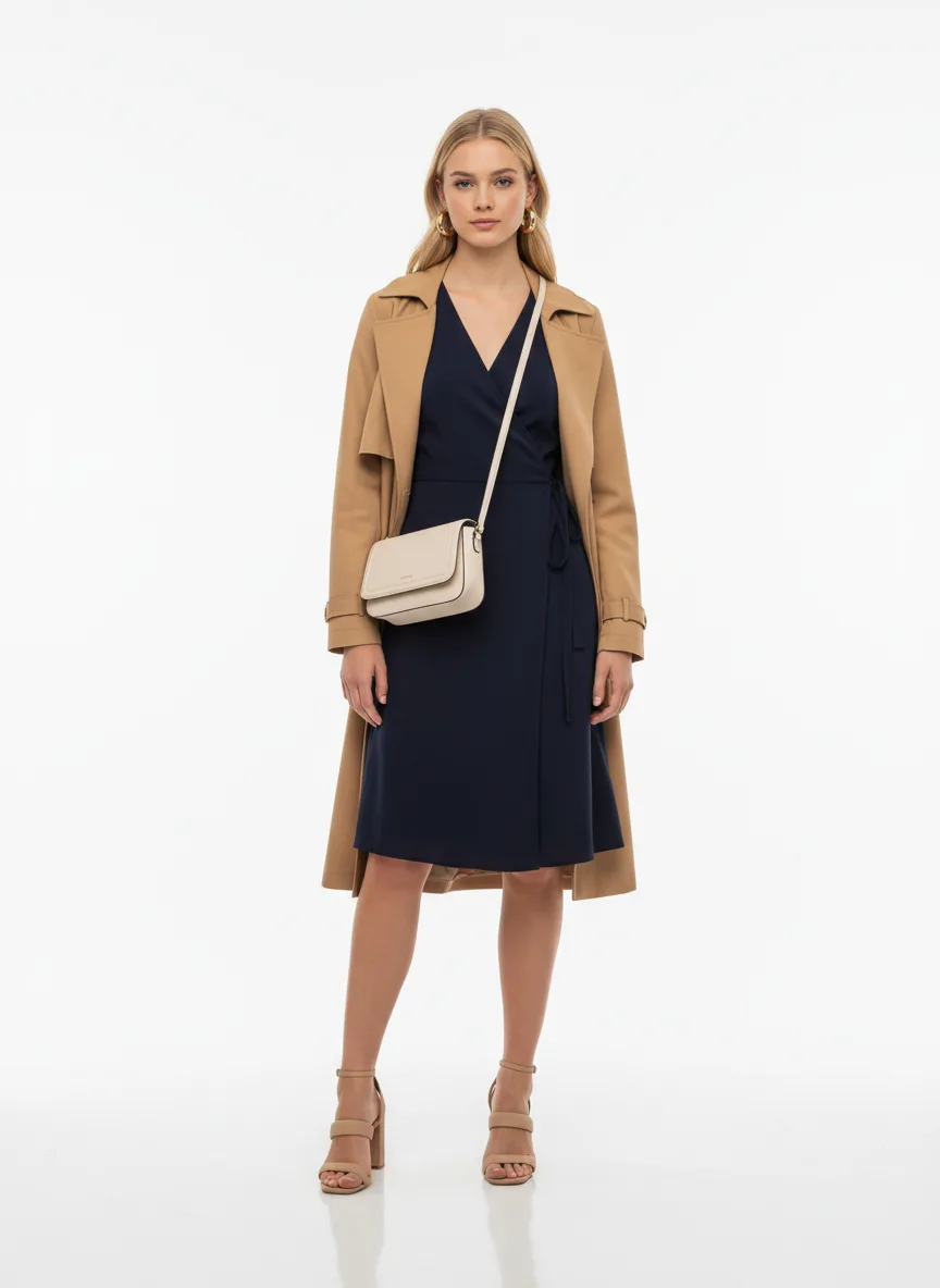 Date-night Outfit Idea: Woman blonde-friendly navy blue wrap dress