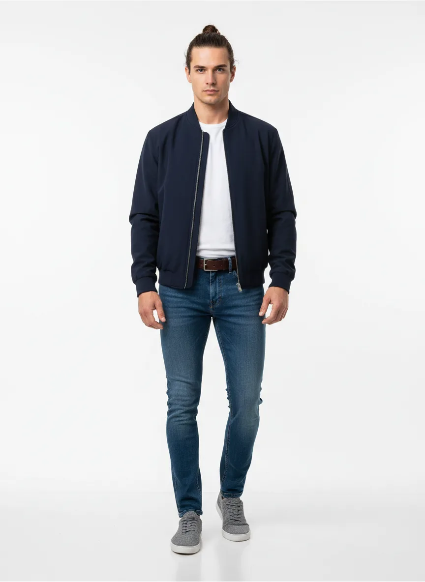 Casual Outfit Idea: Man’s navy blue bomber jacket (compliments fair skin, brunette hair)