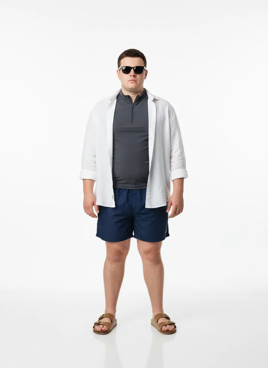 Beach-day Outfit Idea: Man’s navy blue swim shorts (complimentary to fair skin and brunette hair)