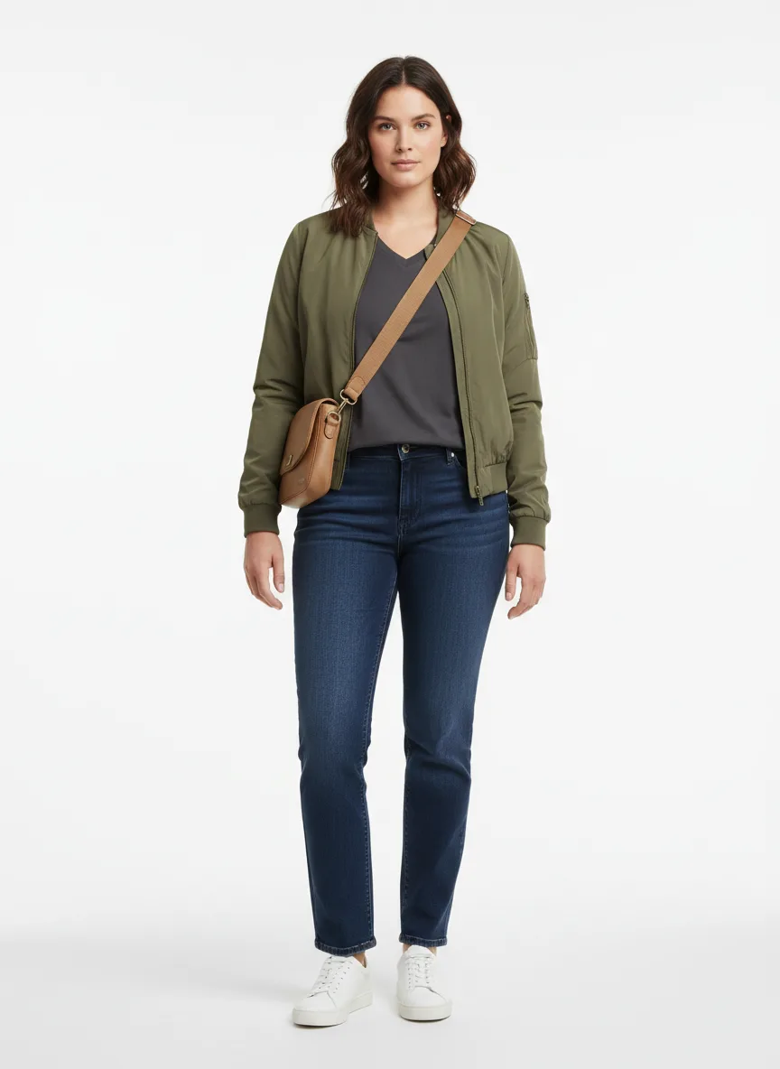 Cinema Outfit Idea: Woman charcoal V-neck tee (complements light skin, brunette)