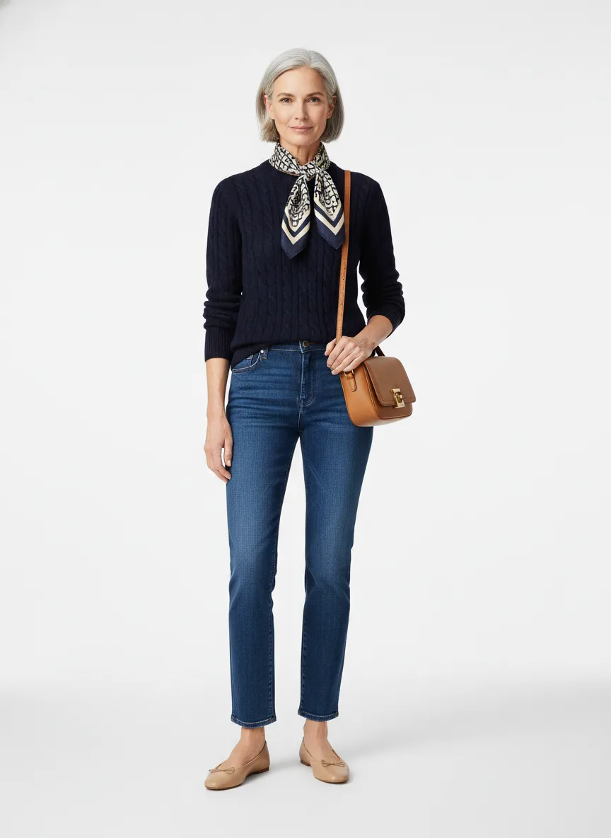 Casual Outfit Idea: Woman navy blue knit crewneck sweater