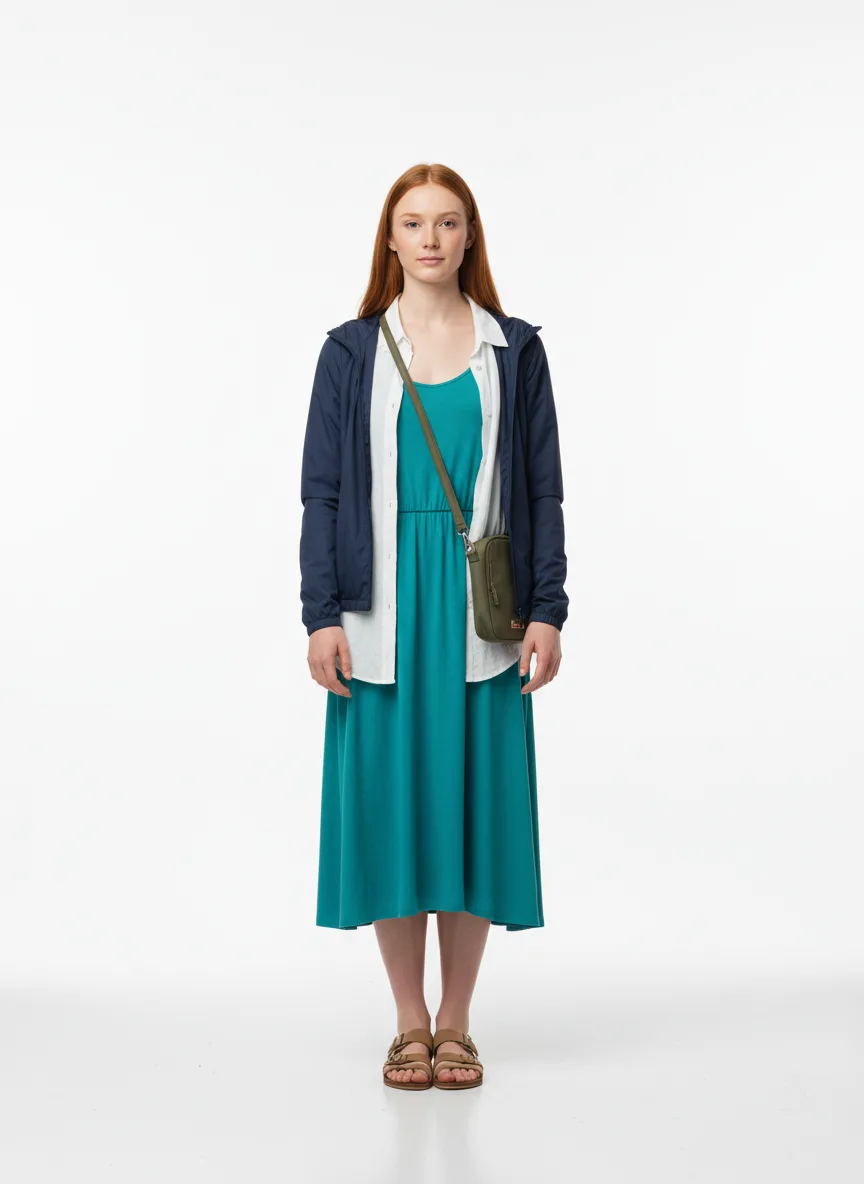 Vacation Outfit Idea: Woman's teal sundress (compliments fair skin and red hair)
