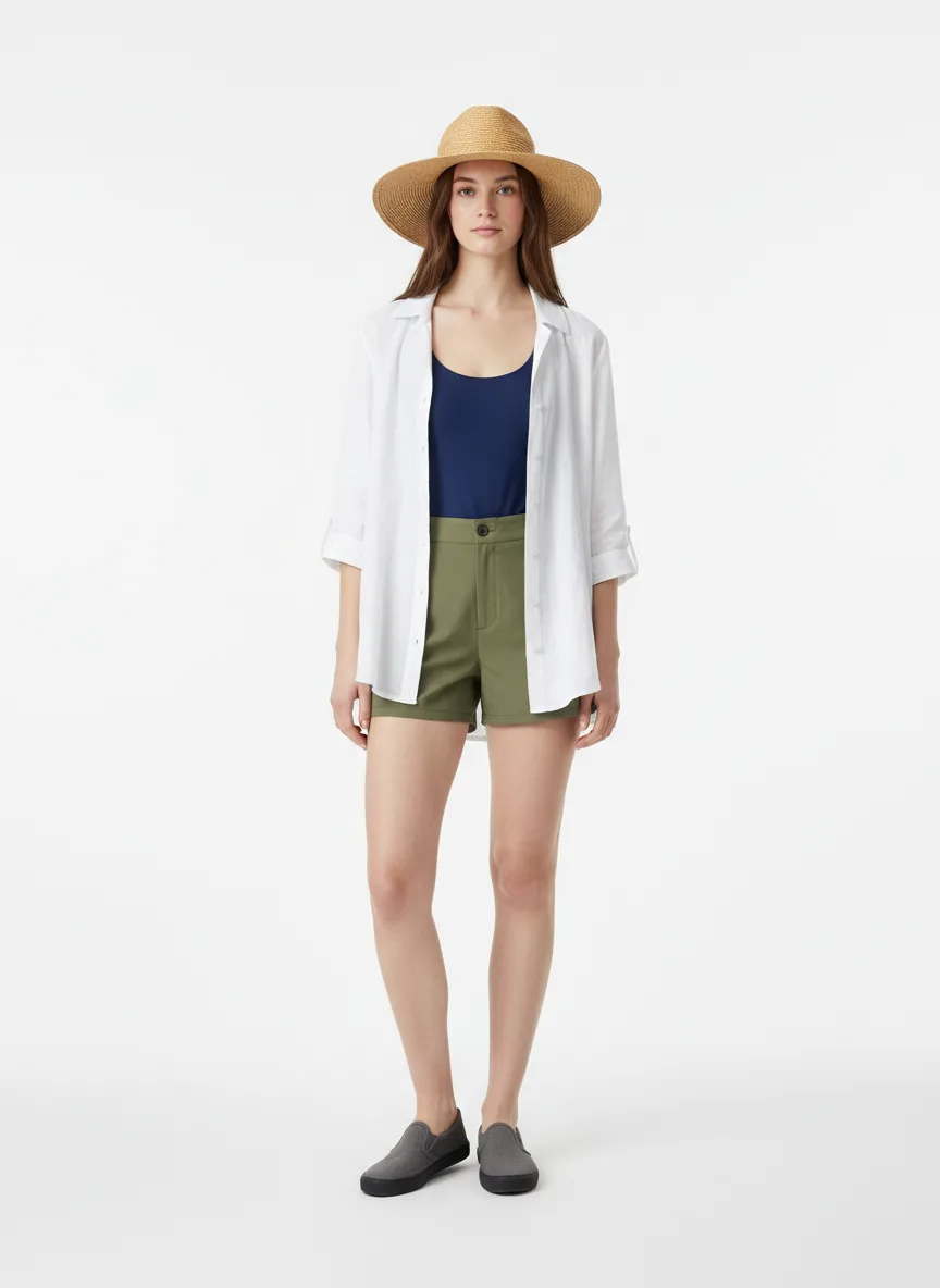 Beach-day Outfit Idea: Woman navy blue swim one-piece