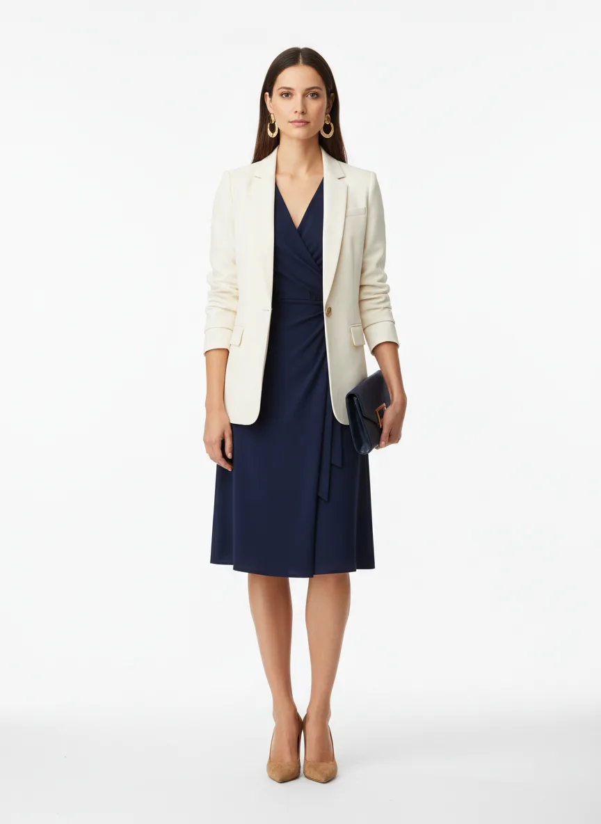 Birthday-party Outfit Idea: Woman's navy blue wrap dress