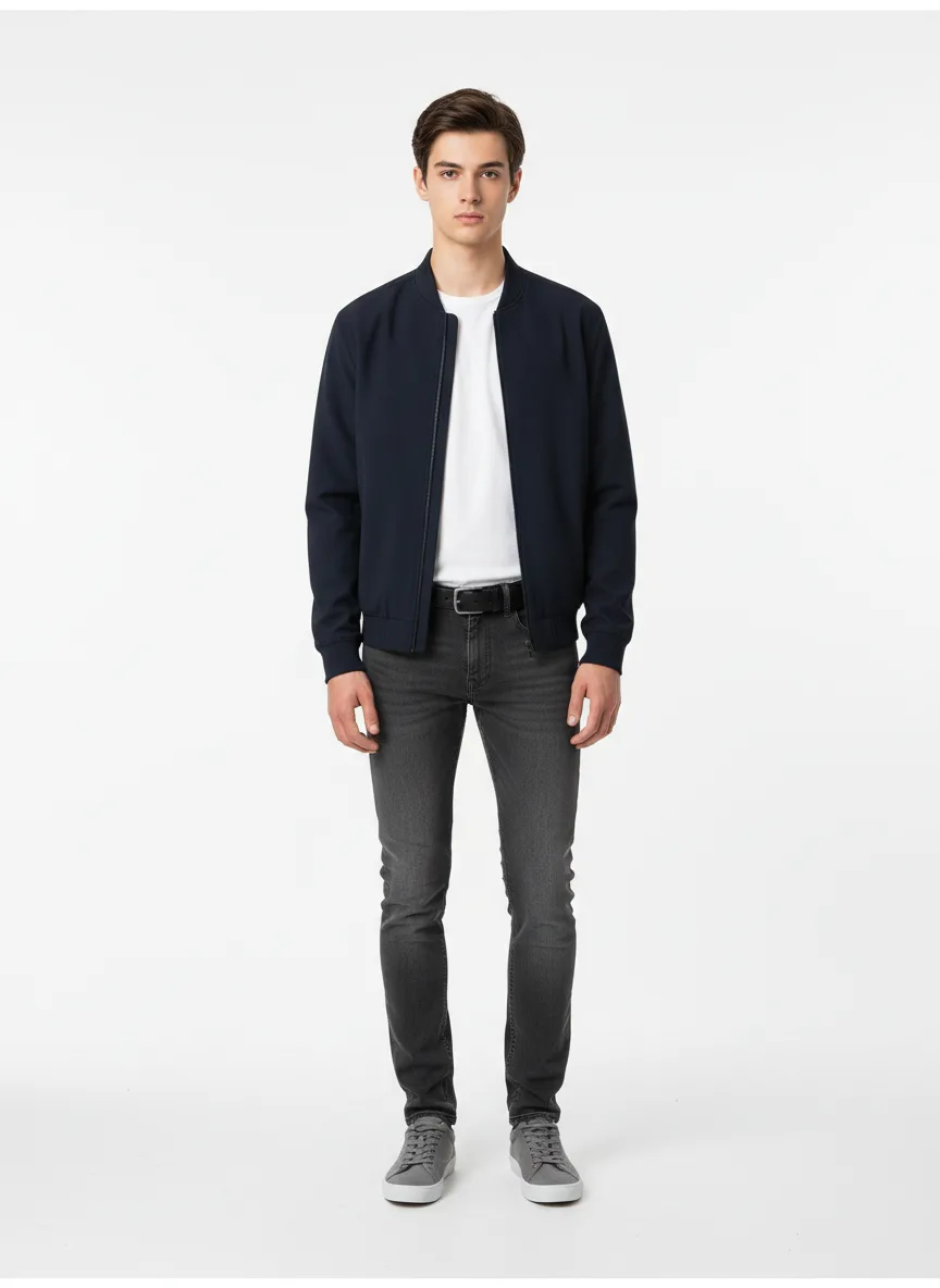 Casual Outfit Idea: Man’s navy blue bomber jacket (compliments brunette hair)