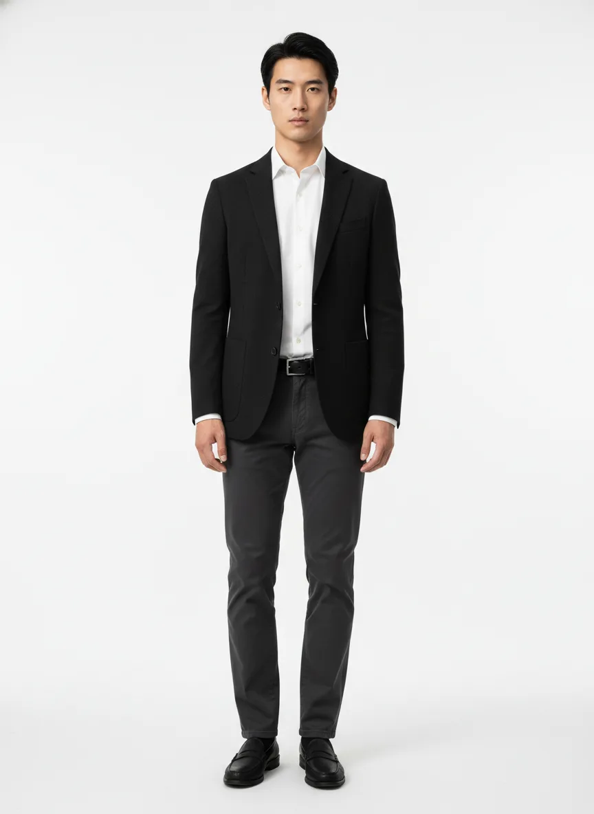 Job-interview Outfit Idea: Man's black blazer (charcoal or navy blue alternative)