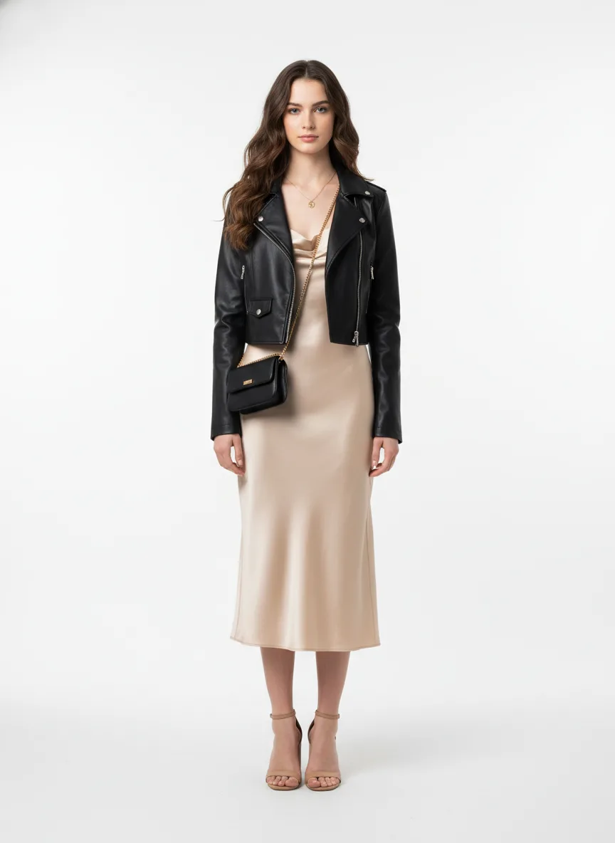 Date-night Outfit Idea: Girl fair-skin brunette satin midi slip dress