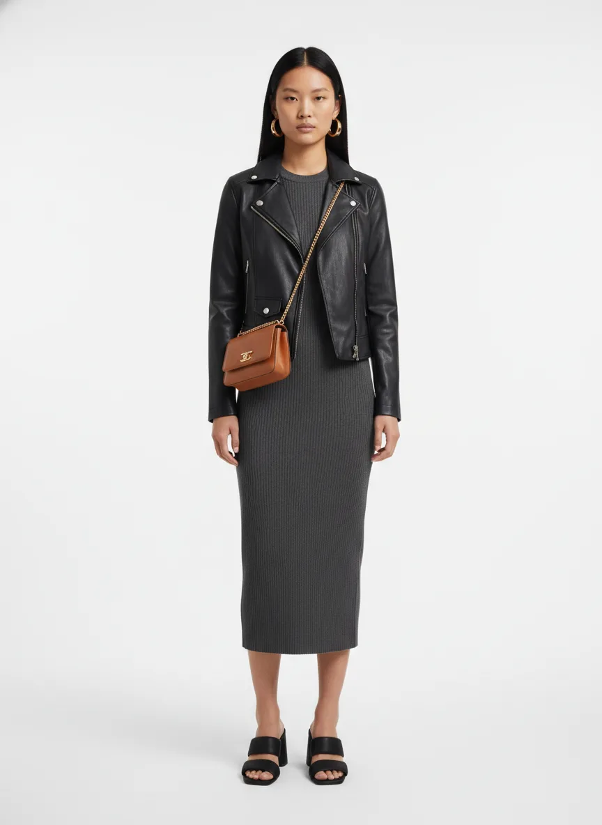 Nightclub Outfit Idea: Woman's black faux-leather jacket