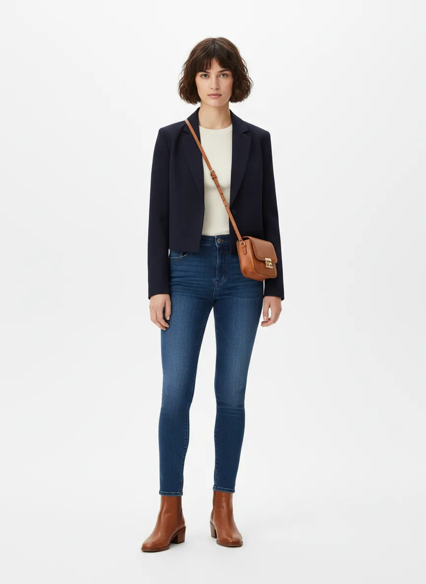 Casual Outfit Idea: Woman's navy blue cropped blazer