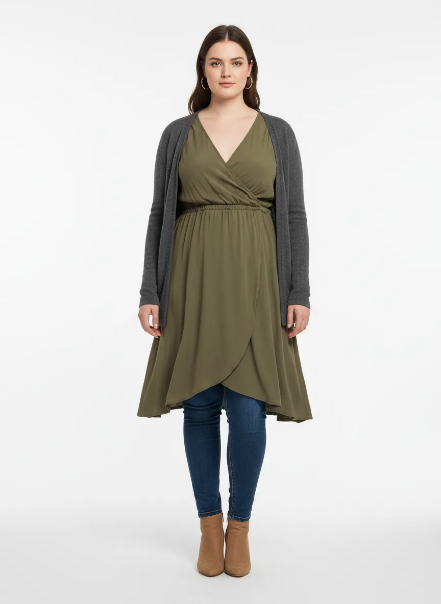 Casual Outfit Idea: Woman fair-skin friendly olive-green wrap dress