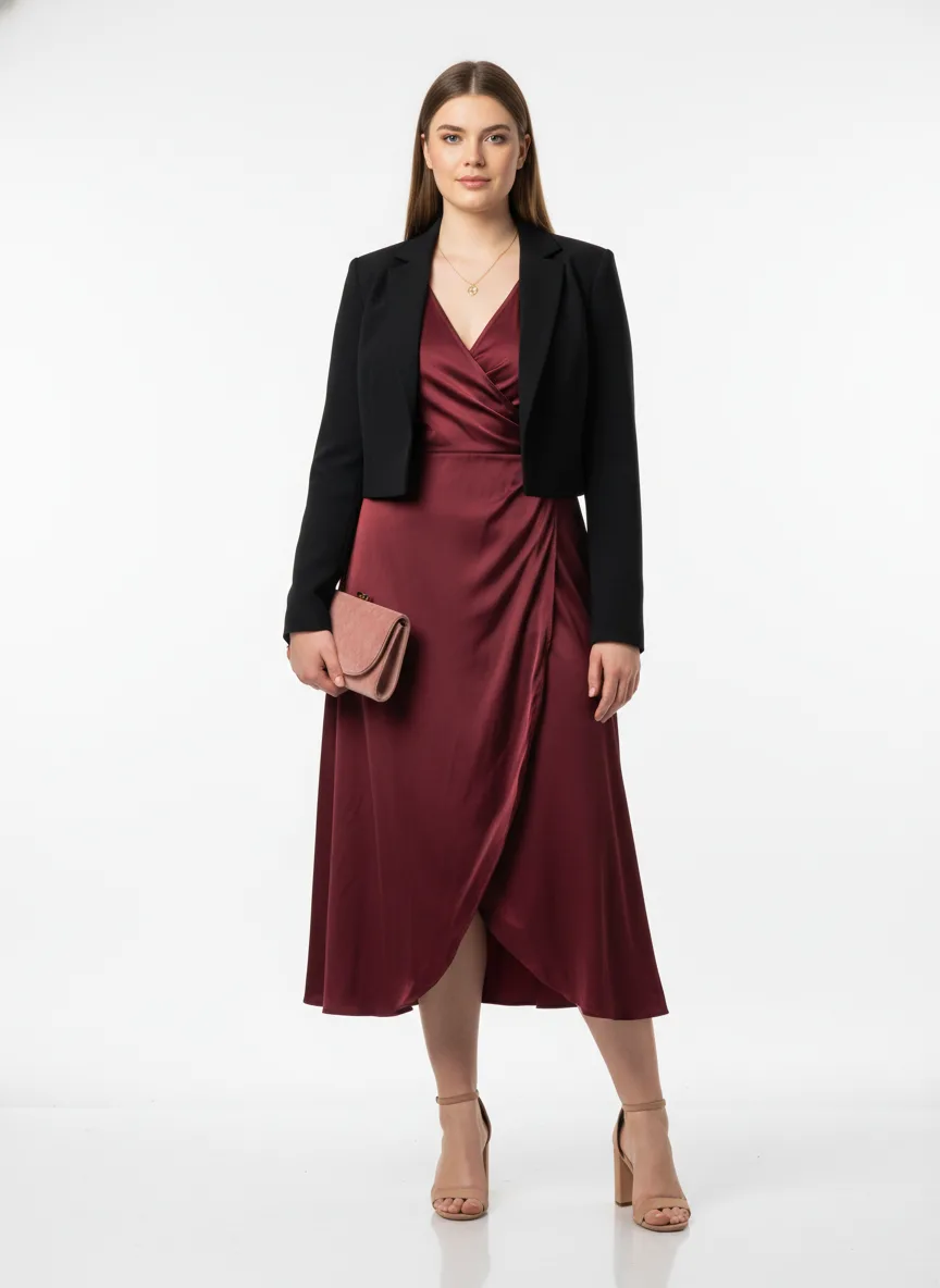 Cocktails Outfit Idea: Woman's deep burgundy satin wrap dress