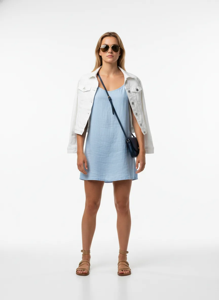 Vacation Outfit Idea: Woman light-blue linen sundress