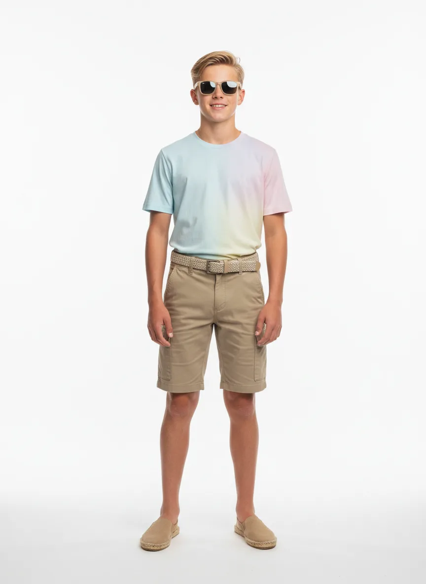 Vacation Outfit Idea: Boy light-blonde friendly pastel tee