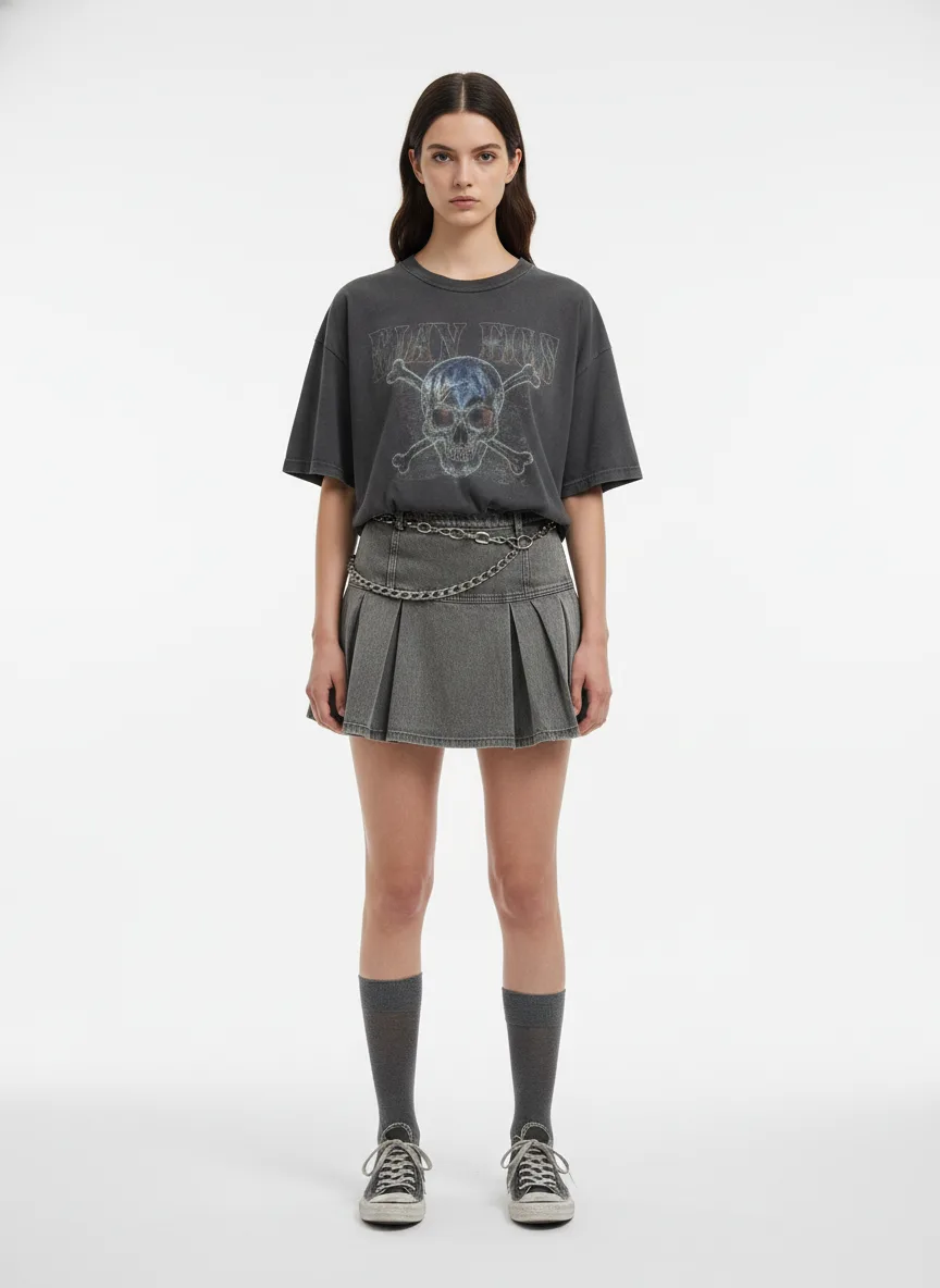 Cocktails Outfit Idea: Woman charcoal oversized band tee