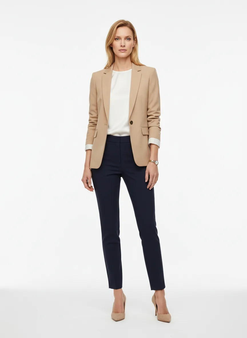 Meeting Outfit Idea: Woman beige tailored blazer