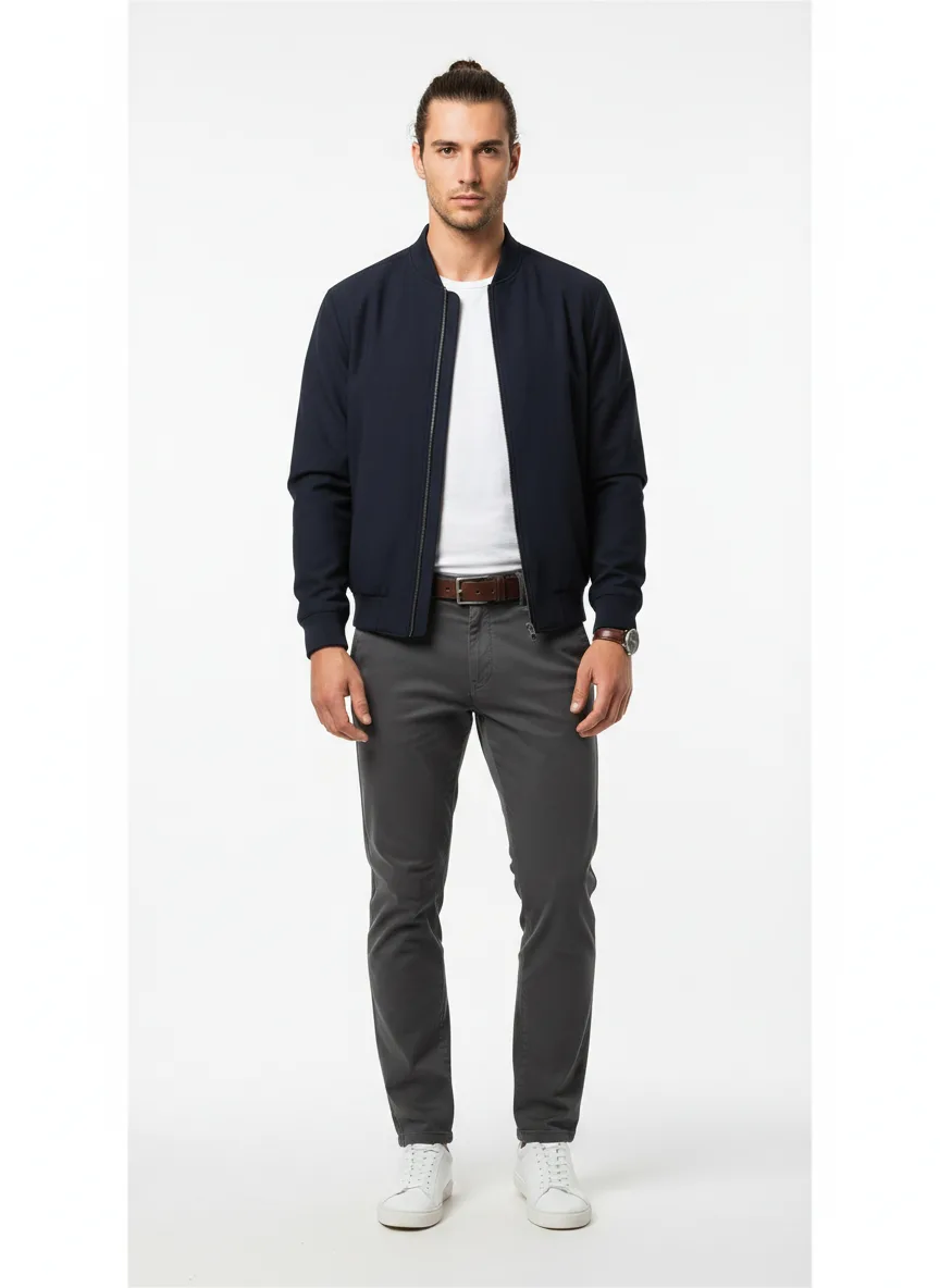 Casual Outfit Idea: Man’s navy blue bomber jacket (complements fair skin & brunette hair)