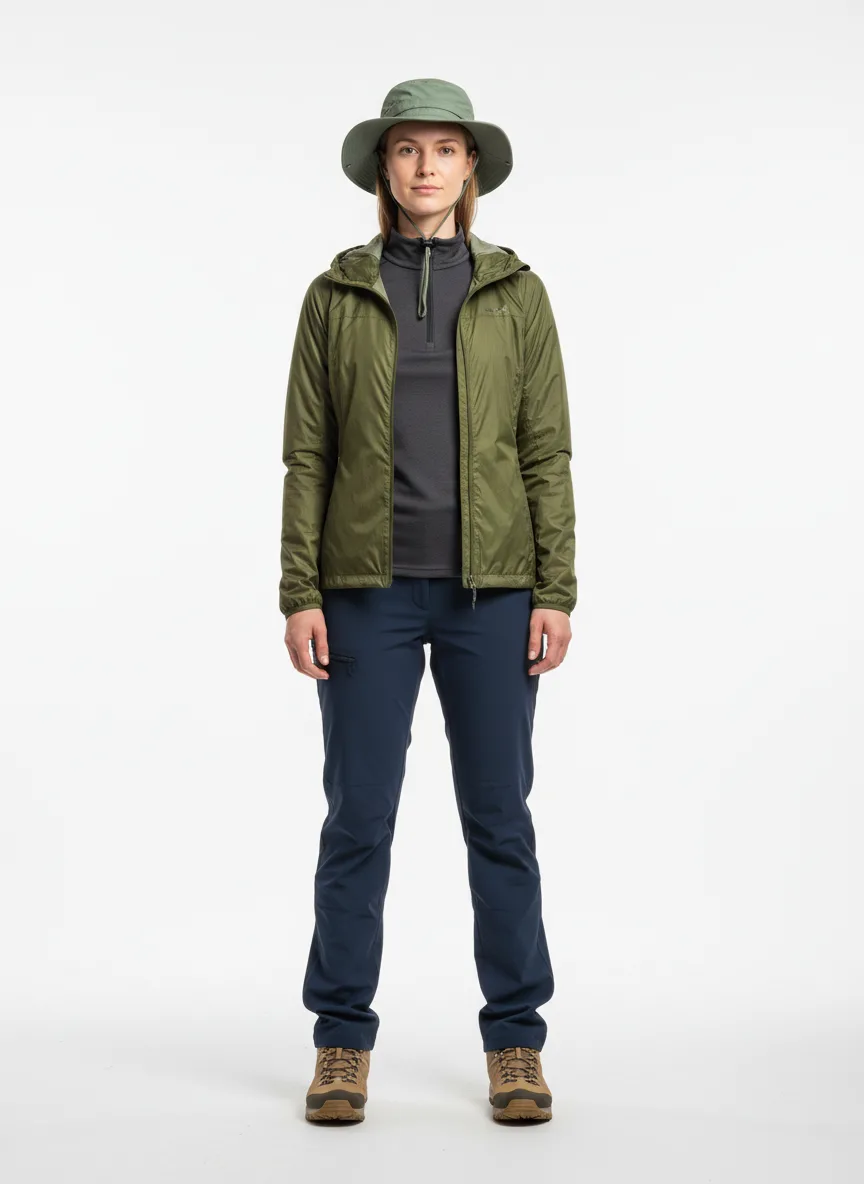 Outdoor-activity Outfit Idea: Woman olive lightweight breathable hiking jacket