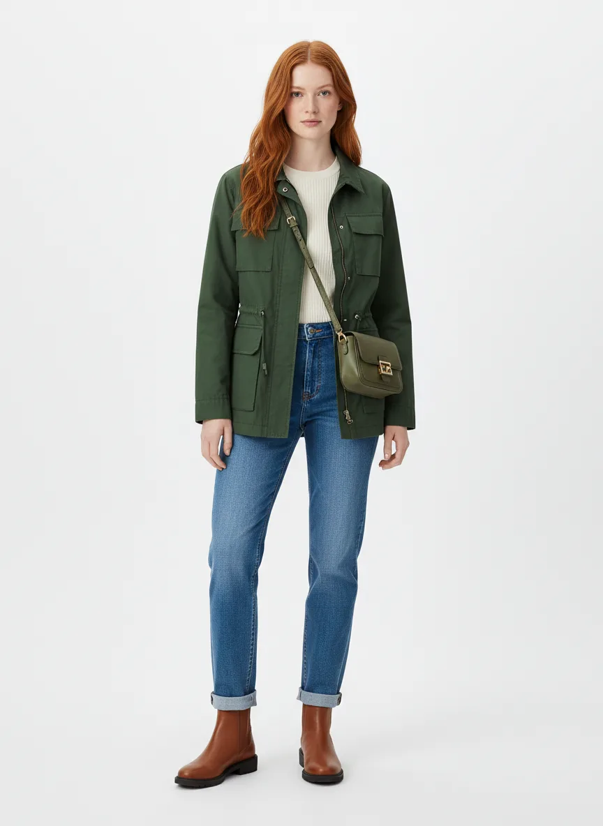 Casual Outfit Idea: Woman's forest green lightweight utility jacket