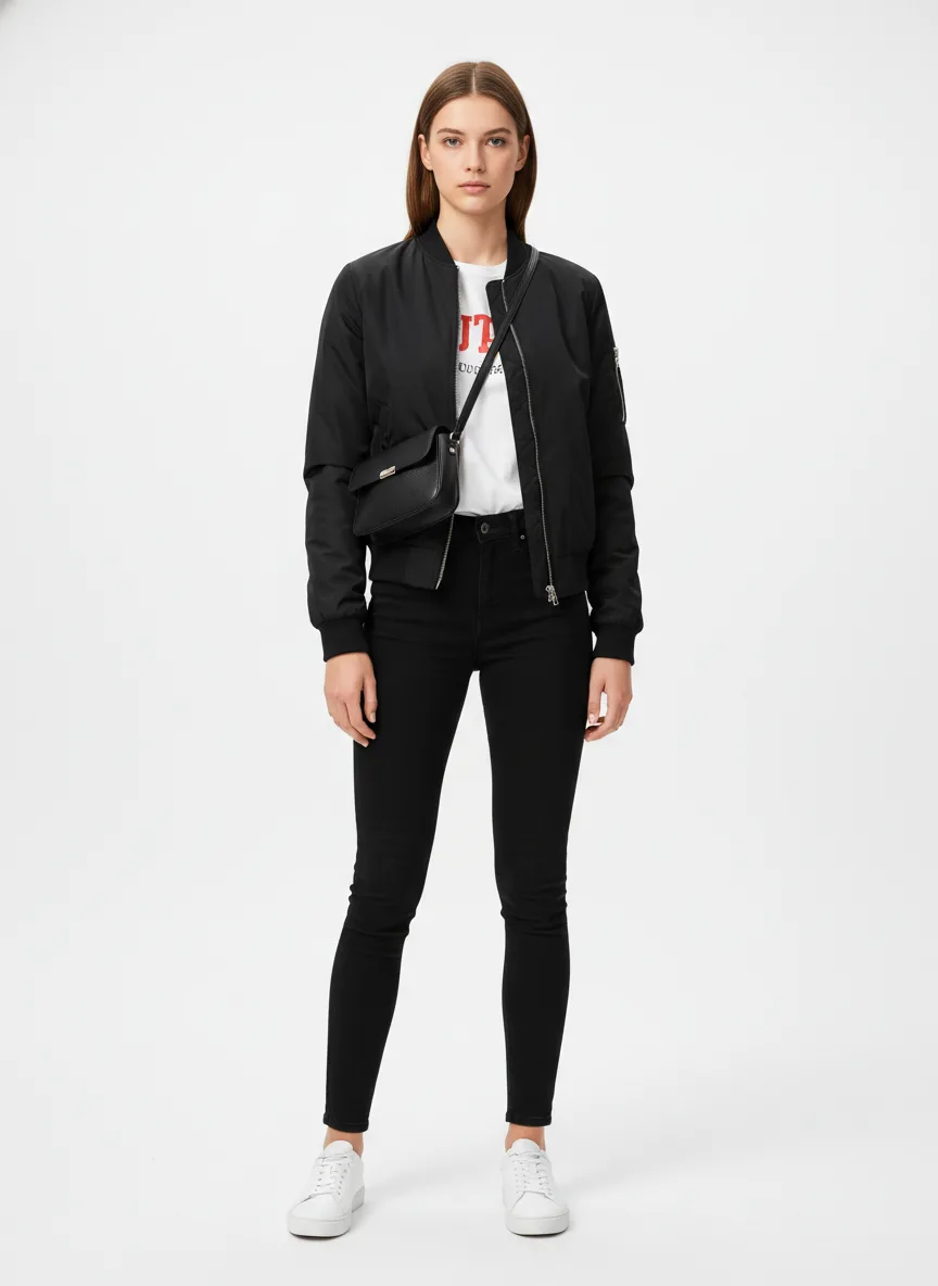 Concert Outfit Idea: Woman black bomber jacket