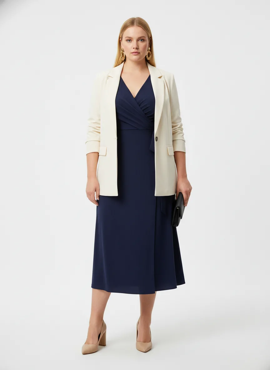 Formal-event Outfit Idea: Woman navy blue wrap midi dress (compliments fair skin & blonde hair)