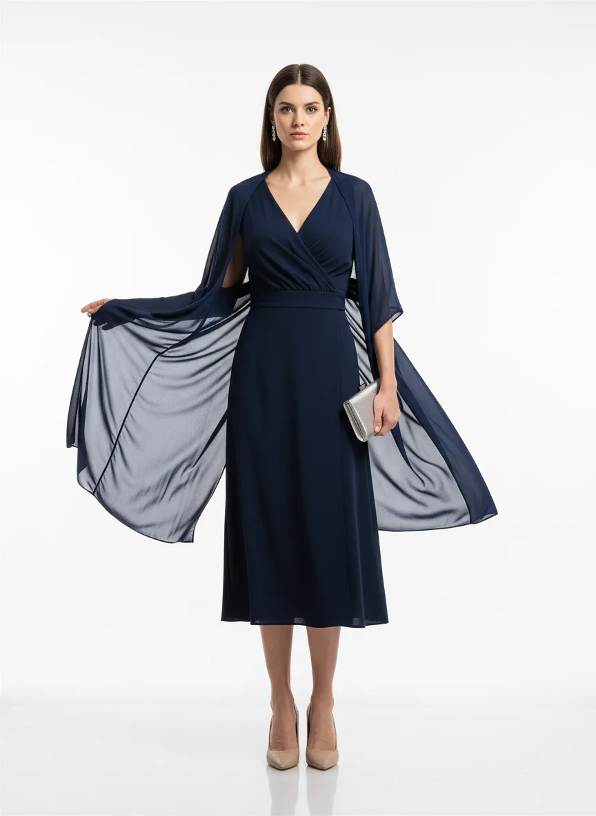 Formal-event Outfit Idea: Woman fair-skin brunette navy blue wrap midi dress