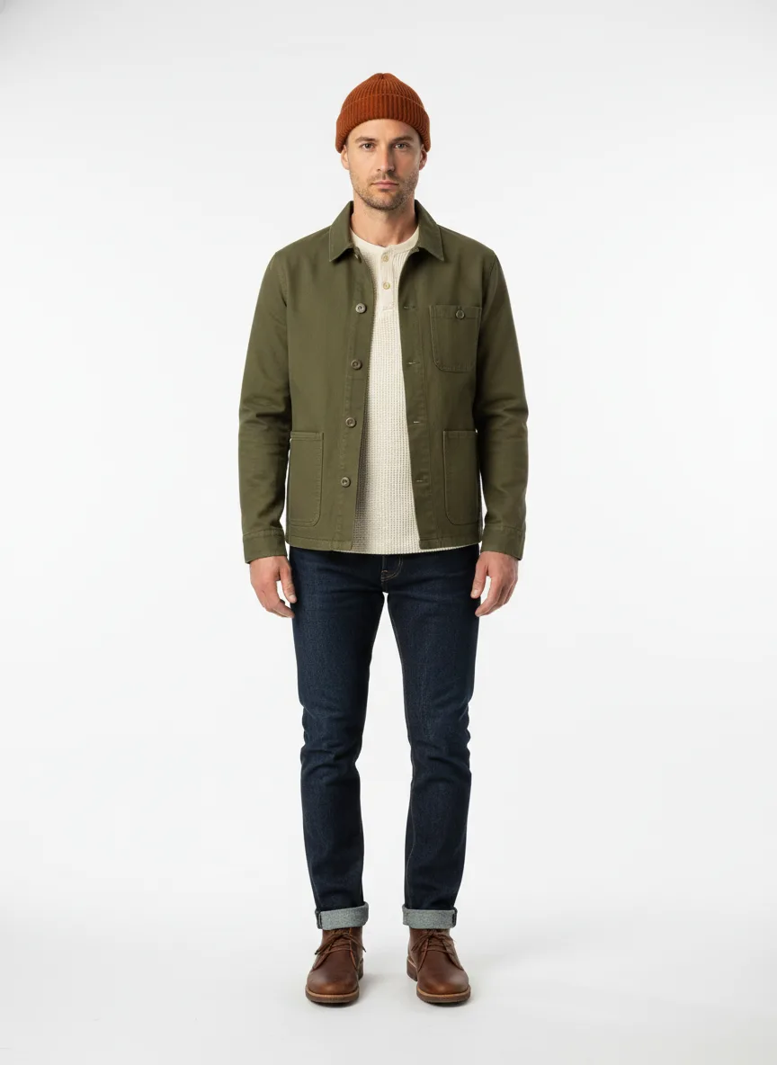 Casual Outfit Idea: Man's olive chore jacket