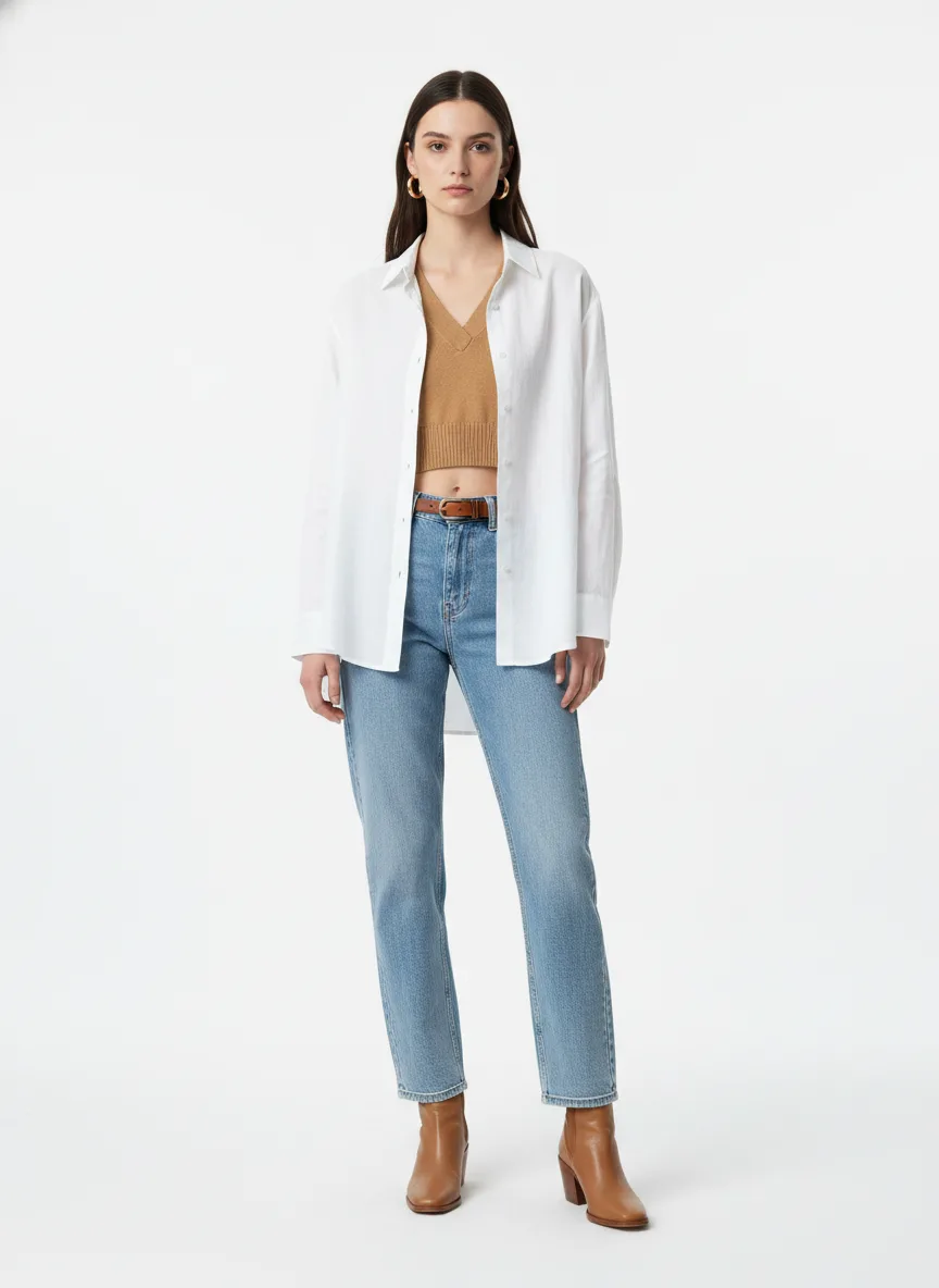 Casual Outfit Idea: Girl fair-skinned brunette oversized white linen shirt