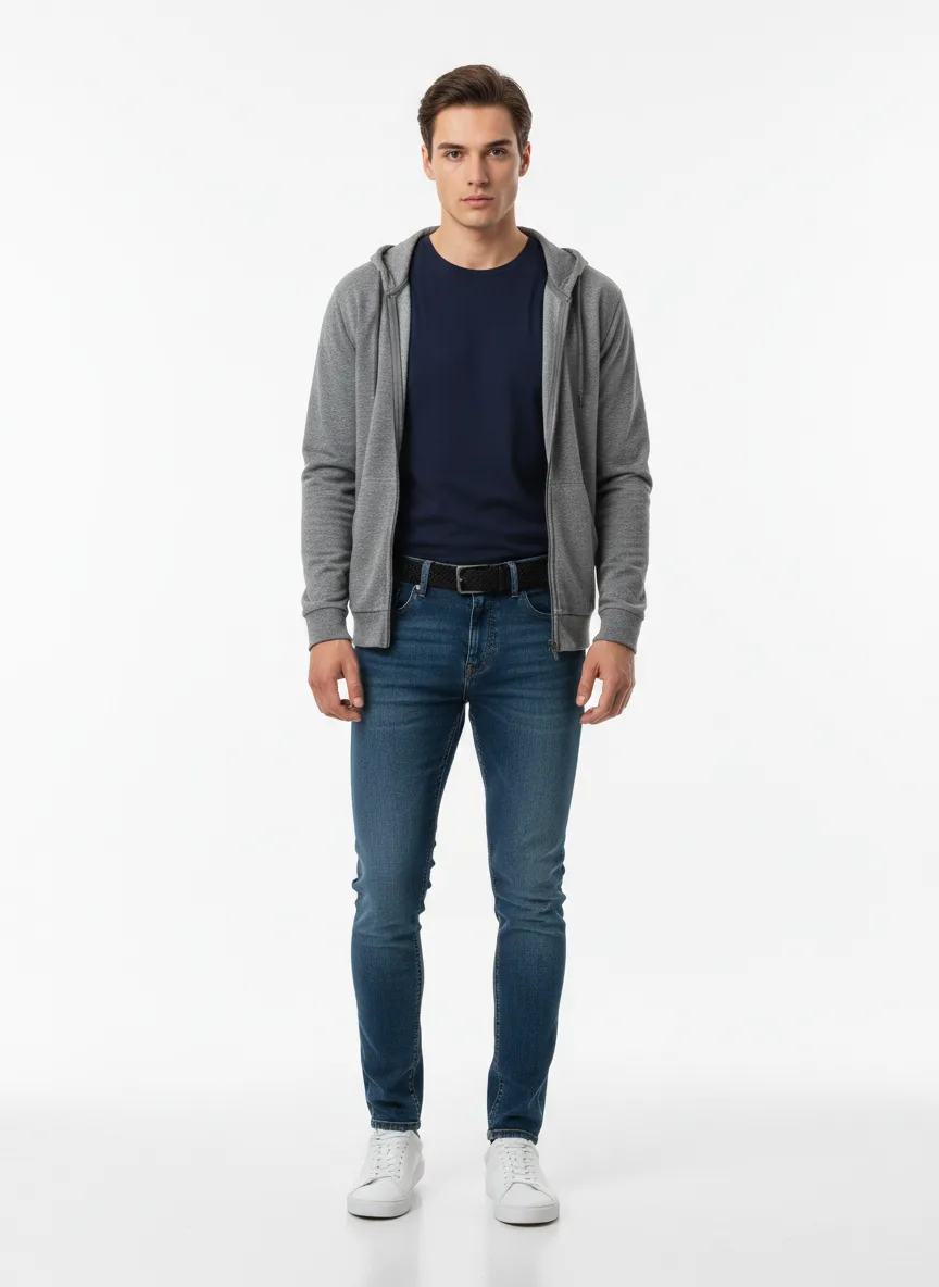 Casual Outfit Idea: Man’s navy blue crewneck t-shirt