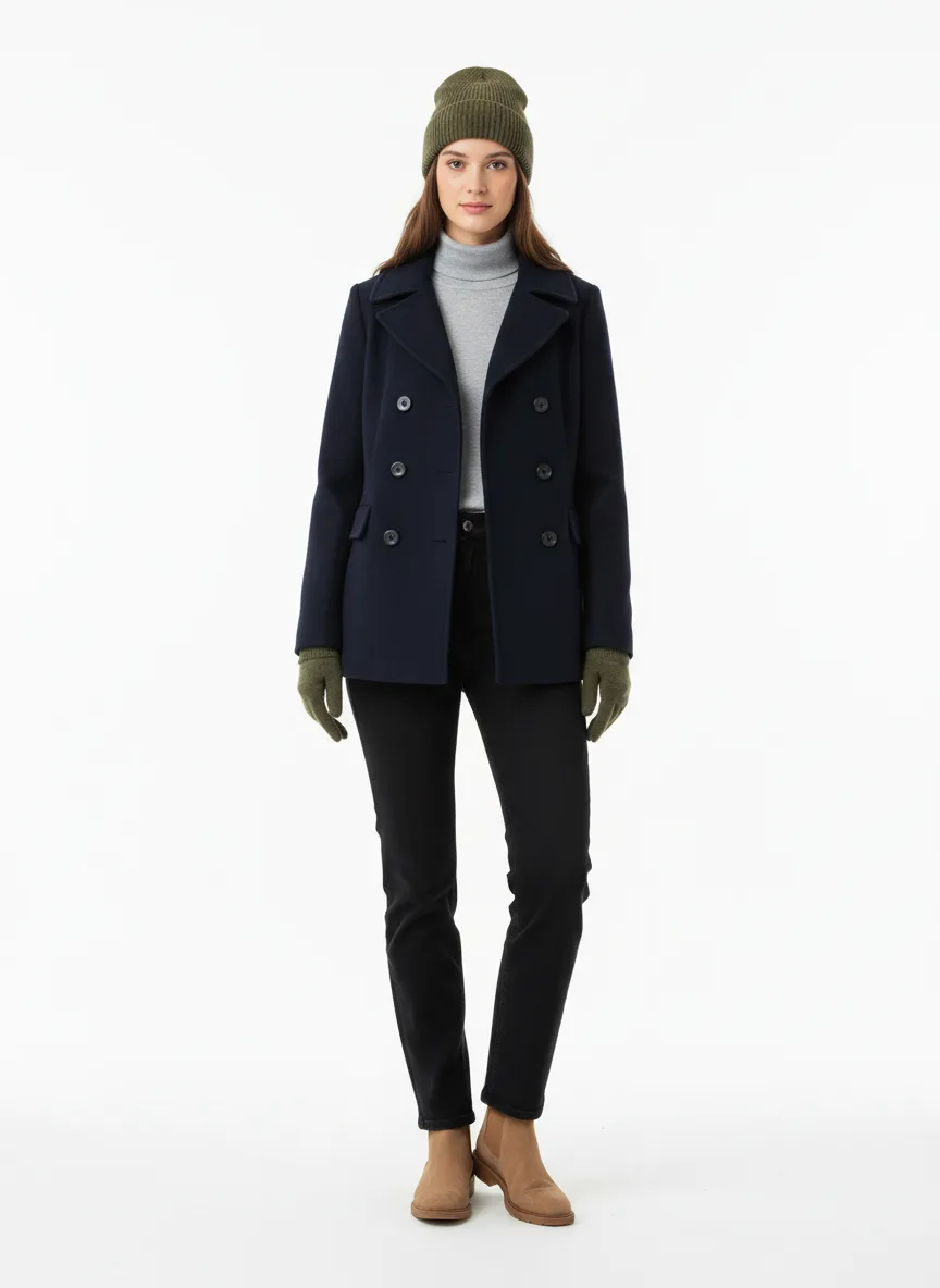 Casual Outfit Idea: Woman’s navy blue pea coat