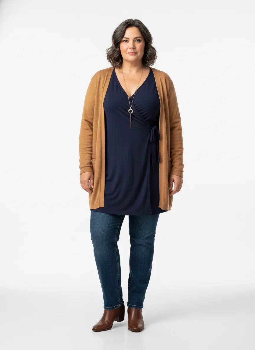 Casual Outfit Idea: Woman’s navy blue wrap tunic