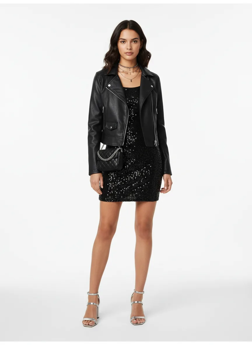 Nightclub Outfit Idea: Woman's black faux-leather moto jacket