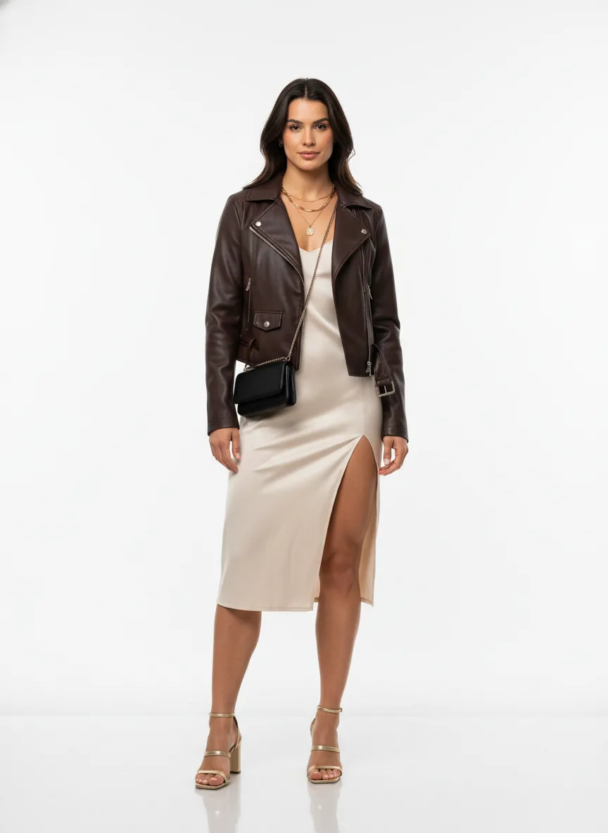 Nightclub Outfit Idea: Woman's neutral satin slip dress with side slit