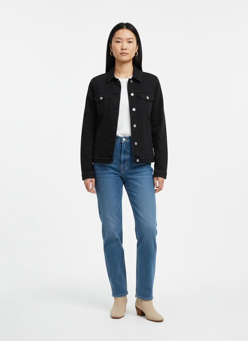 Casual Outfit Idea: Woman black denim jacket