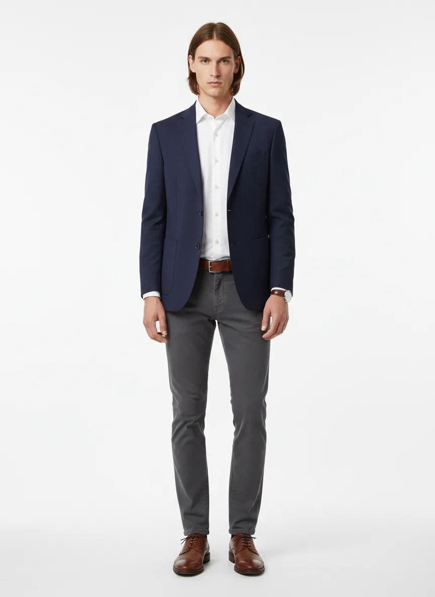 Date-night Outfit Idea: Man's navy blue tailored blazer