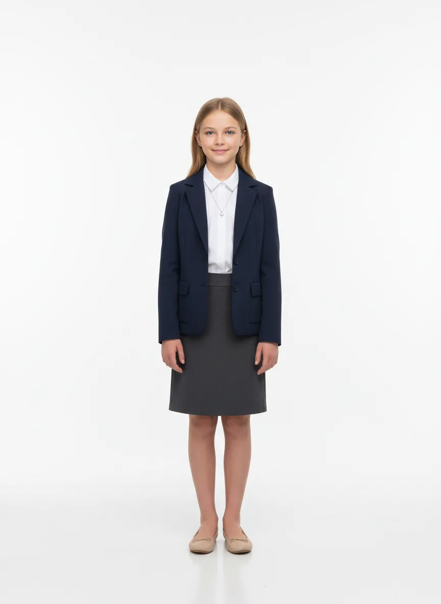 Casual Outfit Idea: Girl light-blonde friendly navy blue blazer