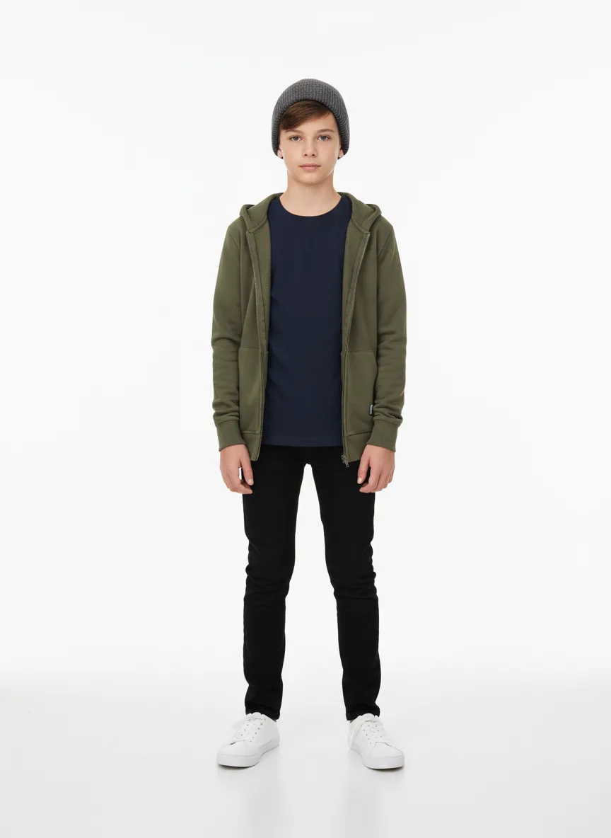 Casual Outfit Idea: Boys light-skin complimenting navy blue tee