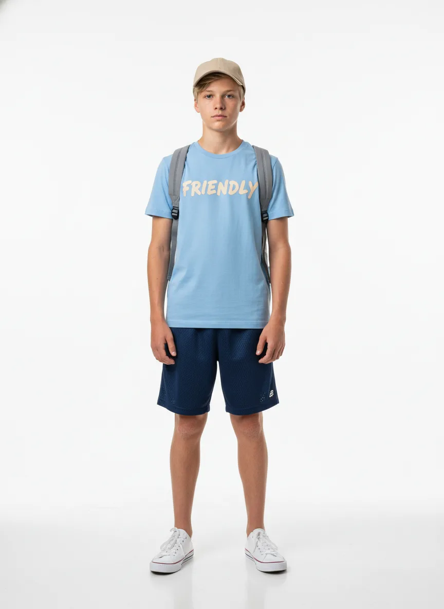 Travelling Outfit Idea: Boy light-blonde friendly tee (light blue)