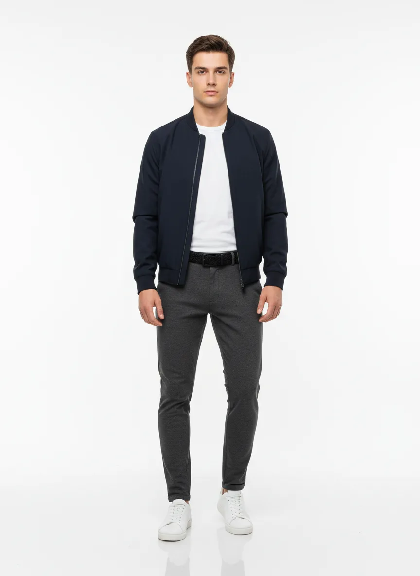 Casual Outfit Idea: Man's navy blue bomber jacket