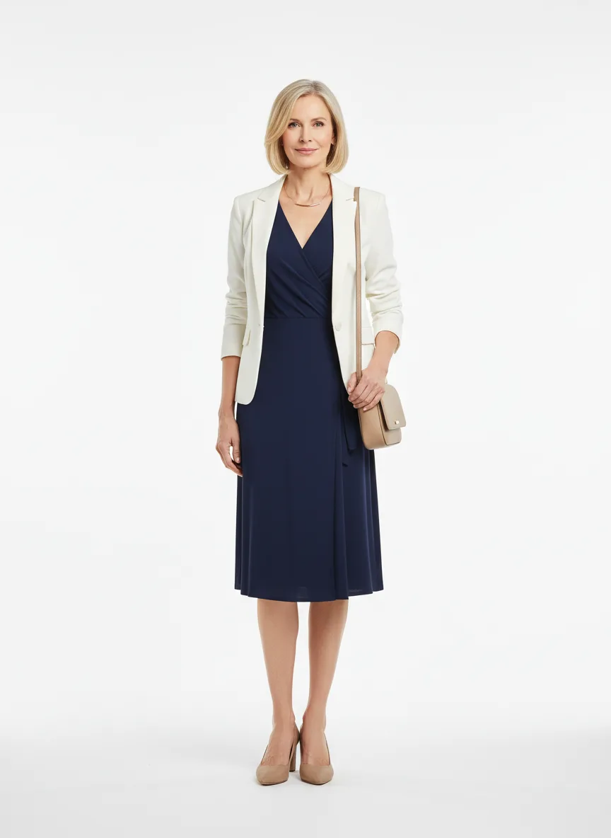 Birthday-party Outfit Idea: Woman light-skin complimentary navy blue wrap dress