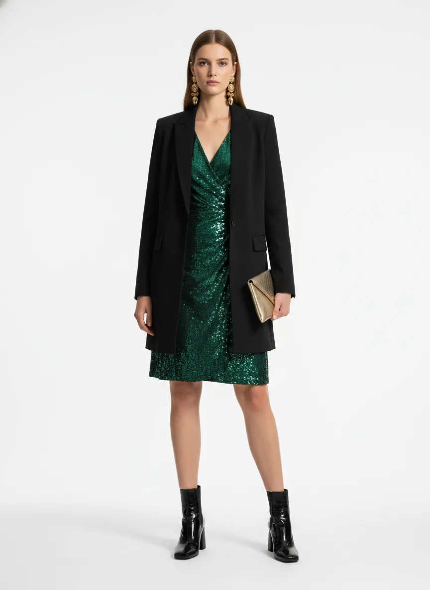 Birthday-party Outfit Idea: Woman's sequin wrap dress (deep emerald)
